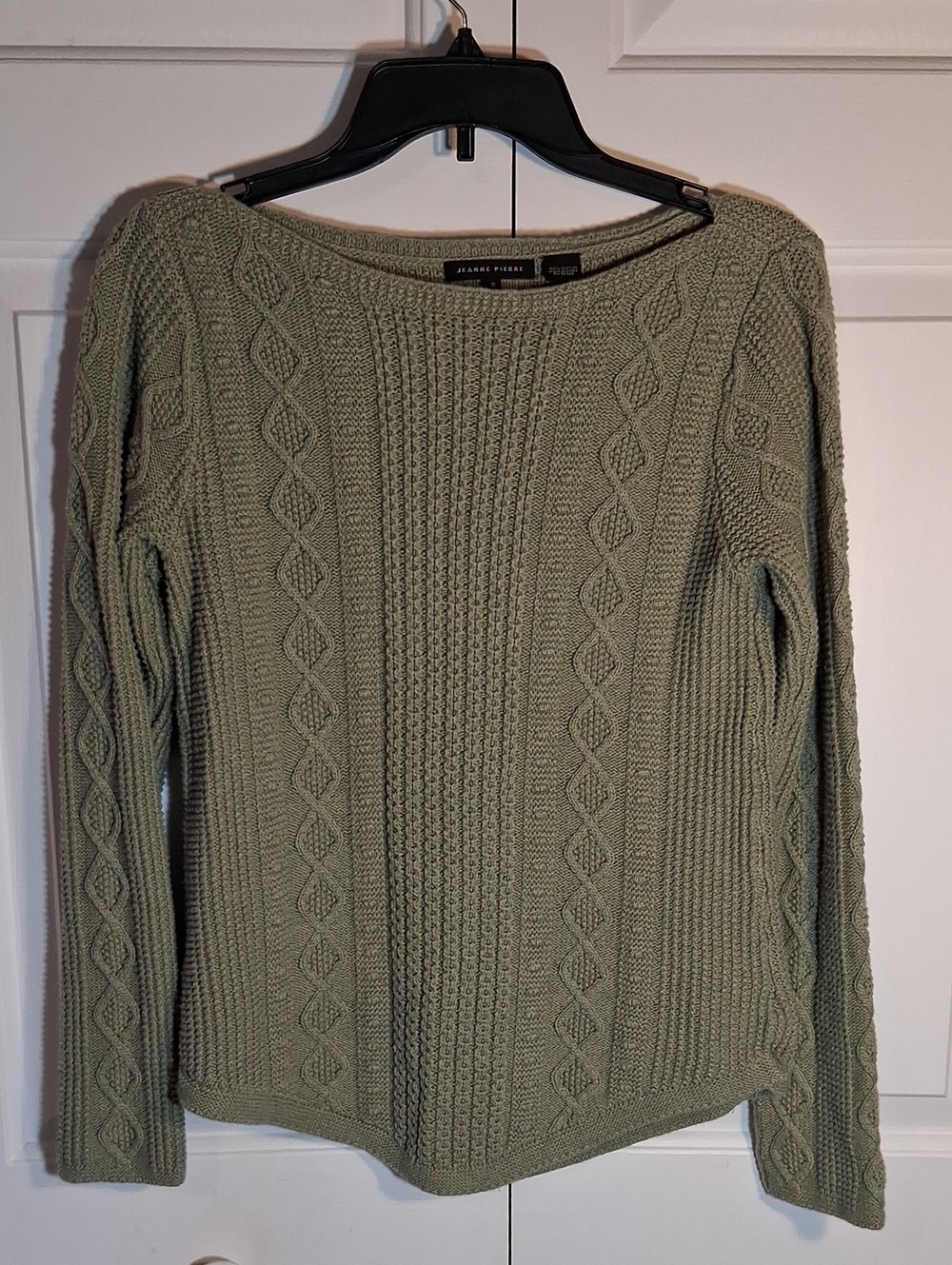 JEANNE PIERRE Sage Green Cable Knit Boatneck Sweater